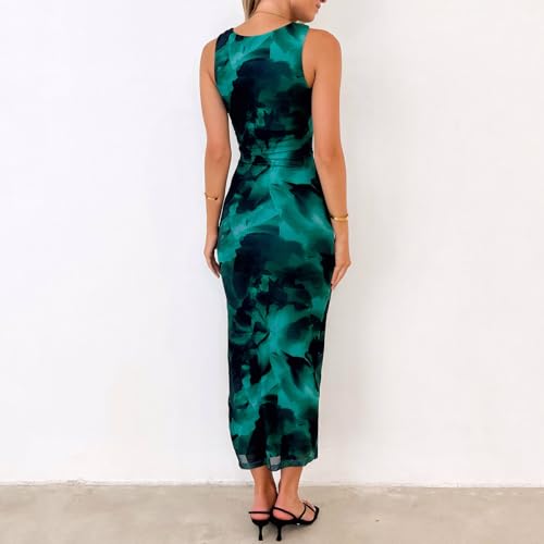 Image of Bodycon Mesh Dresses for Women Sleeveless Midi Floral Tie Dye Dress Side Slit Wedding Cocktail Party Dresses