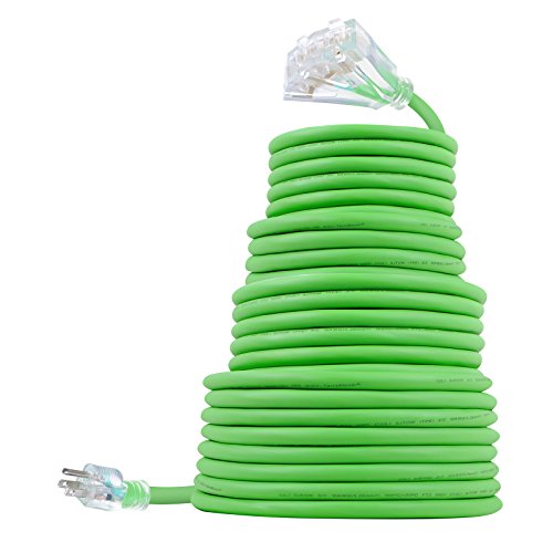 100 FT 10/3 Outdoor Extension Cord - Rubber, Flexible, Triple Outlet, Green Wire with Live Power Light Indicator. 15 Amp