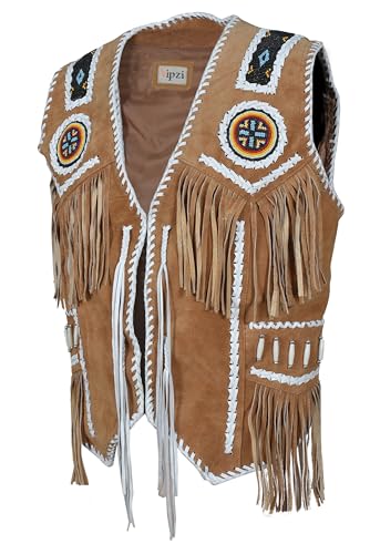 Image of Men's Western Cowhide Suede & Leather Vest - Beaded Fringe Yoke & Back Native-Inspired Cowboy Biker Vest
