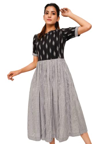 Half Sleeves Relaxed Ikat Gingham Dress 
