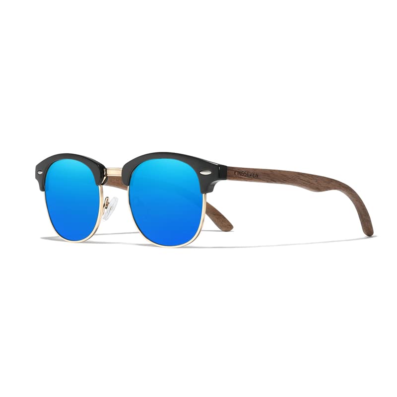 Image of KINGSEVEN Handmade 2023 Black Walnut Wooden Sunglasses Men Polarized UV400 Protection Semi-Rimless Retro Eyewear Women Oculos