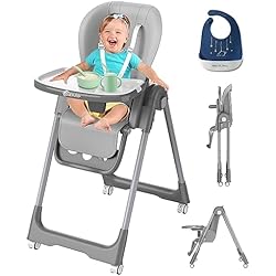 Trona Bebé Con Ruedas Tronas De Bebe, Trona Plegable Bebe 3 en 1 Para Niños Pequeños, Trona Evolutiva Bebe Infantil Ajustable en Altura con Ruedas, Reposapiés Ajustable, Almohadón, Bandeja Para la Comida y Babero para Bebe