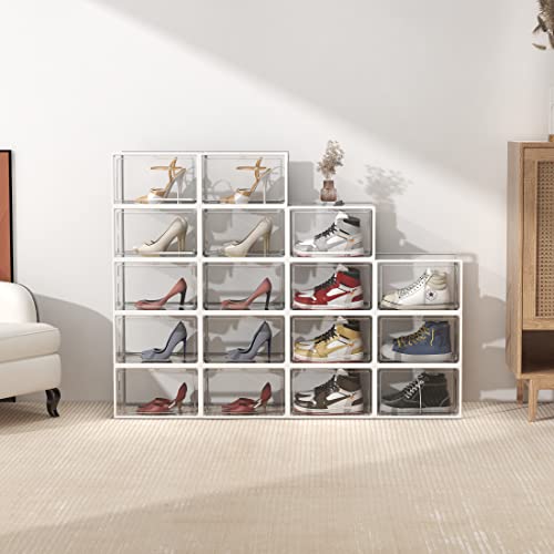 SEE SPRING 6 Pack Shoe Storage Box, Clear Plastic Stackable Shoe Organizer for Closet, X-Large Shoe Containers Bins Holders for Display Sneaker Fit up to Size 14 (Black)