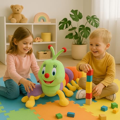Image of Super Soft Colorful Caterpillar Stuffed Toy Long Plush Animal with Rainbow Body Segments Cute Cartoon Face Bright Antennae & Multiple Legs Perfect for Children, Toddlers Learning Play(9cm)