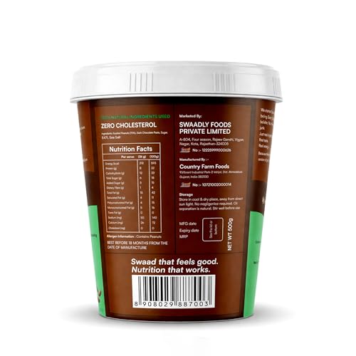 Image of Swaadly Chocolate Crunchy Peanut Butter 500 GRAMS | High Protein Spread | Source of Dietary Fibre | No Palm Oil | Made with Natural Ingredients | Healthy Breakfast & Fitness Snack