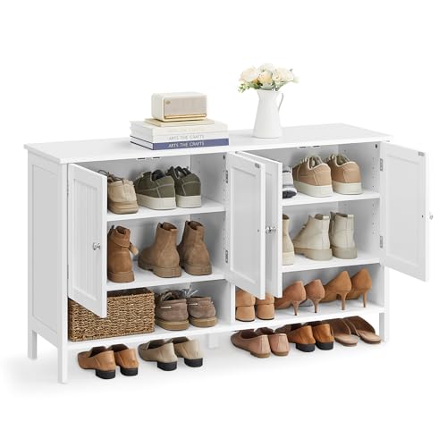 VASAGLE Shoe Cabinet, 3-Tier Shoe Storage Organizer, Modern Freestanding Cabinet with Height-Adjustable Shelf, 13.8 x 47.2 x 27.6 Inches, Entryway, Cloud White ULBC045W01