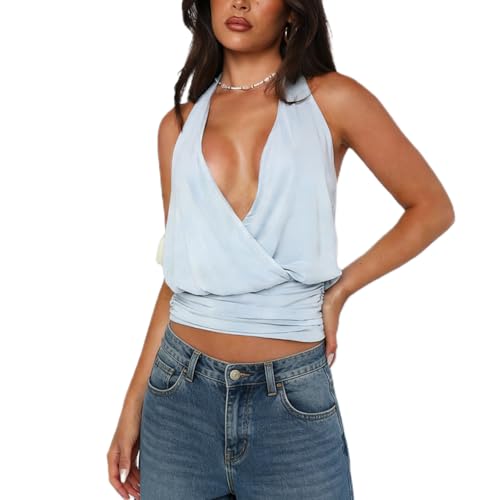 Women Y2K Plunge Halter Top Sexy V Neck Solid Color Cross Wrap Crop Tank Top Sleeveless Ruched Waist Backless Vest(Blue, S)