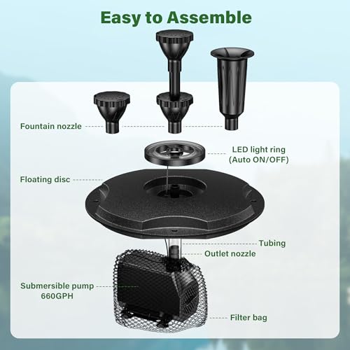 Biling Floating Pond Fountain with 660GPH Fountain Pump, Color-Changing LED Lights, 27 FT Power Cord, 3 Spray Patterns, Pond Water Fountain for Outdoor Pond, Black