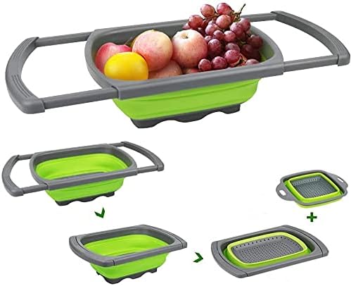 Colander Collapsible, Kitchen Strainers with Extendable Handles, 6-quart and 2-quart Capacity Over the Sink Colander, Folding Strainer for Draining Fruit & Pasta & Vegetable