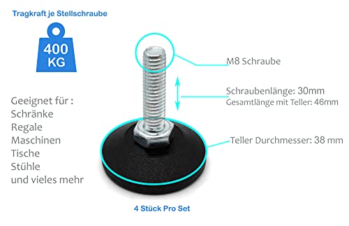 Design61 4X Verstellschraube Justierschraube Ø 38 mm mit verzinkter Stellschraube M8 x 30mm (Fuß drehbar)