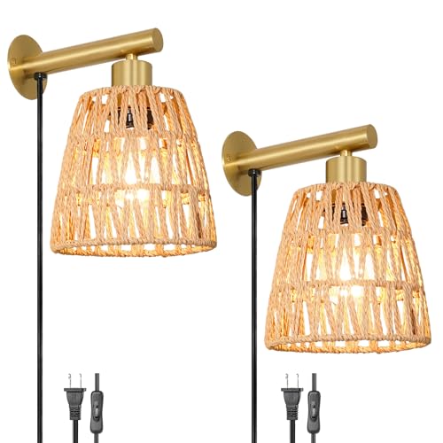Image of Boho Plug in Wall Sconce Set of 2, Gold Plug Sconces Set of 2, Rattan Sconce Light Fixture with 5.9FT On /Off Switch Cord, Farmhouse Wall Mounted Light for Bedroom Living Room Reading Hallway