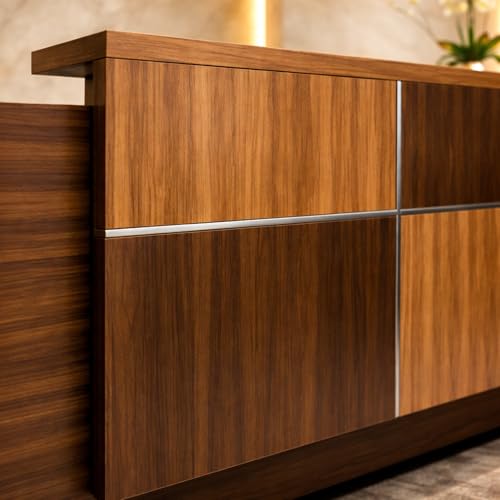 Image of Reception Desk for Office, Hotel, Clinic, Salon, Spa, Studio Commercial Lobby | Luxury Particle Board Reception Counter Table with Wooden Finish Front Design-(RCT-020 LPB L6W2)