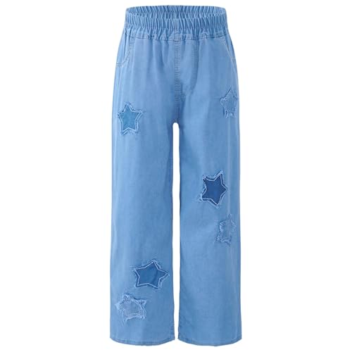 Linjinx Kids Girls Summer Casual Star Printed Straight Jeans Wide-Leg Elastic Waistband Denim Pants Ripped Trousers