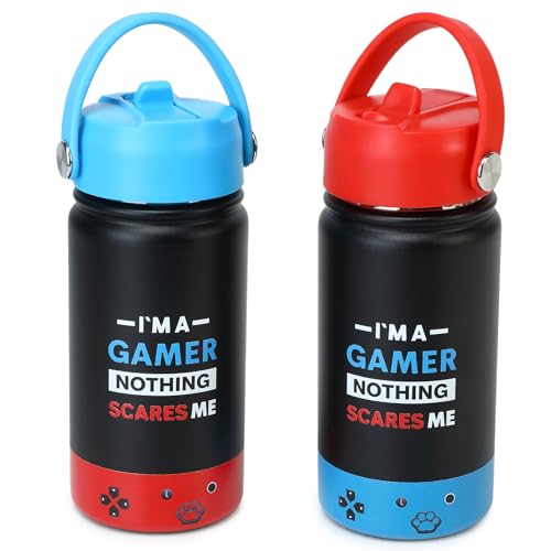 Image of Kids Insulated Water Bottle with Straw Lid, 14oz Double Wall Vacuum Stainless Steel Tumbler, Leak Proof Reusable Metal School Cup for Boys Girls, Keep Cold 24H Hot 12H (Blue-Red-I M A（Pack 2）)