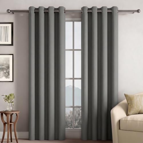 Image of Wakefit Solid Blackout Door Curtains 7 Feet | Set of 1 | Upto 92% Room Darkening Faux Silk Drapes | Thermal Insulated & Noise Reducing Curtains for Living Room & Home Decor | Dark Grey