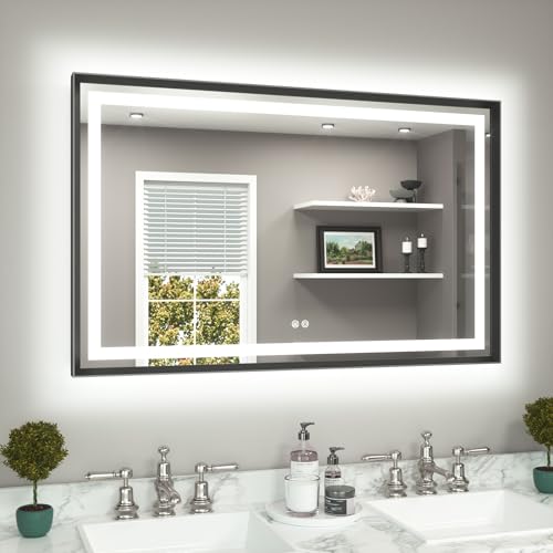 TETOTE 48 x 30 Large Bathroom Mirror Brushed Black Metal Frame Frontlit & Backlit Vanity Mirror 3 Colors White/Warm/Natural Stepless Dimmable Anti-Fog Bathroom Mirrors for Vanity Wall-Mounted
