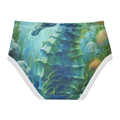 Floral Seahorse Teal Blue Toddler Girls Panties, Girls' Cotton Brief Underwear, 2T–8 Years2