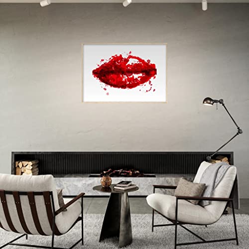 Décoration murale féminine lèvres rouges grand tableau 70x100 cadre bois inclus