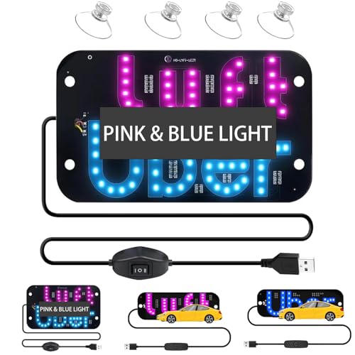 LED Light Sign for Car, Taxi Sign Light Windshield Led Sign Car LED Decal with Suction Cups USB Plug Dual-Color Conversion,Scrolling Display Board（Blue & Pink）