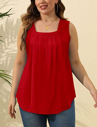 Image of Saloogoe Summer Tank Tops for Women Loose Fit Pleated Square Neck Sleeveless Tops Curved Hem Flowy