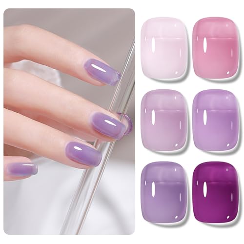Shining She UV Nagellack Set, 6 Farben Nude Lila Lavendel Lila Rosa Kristall Transparent Uv Gel Nagellack, Frühling Sommer Jelly Nail Polish Soak-Off UV Lack für Anfänger DIY Nail Art,8ml