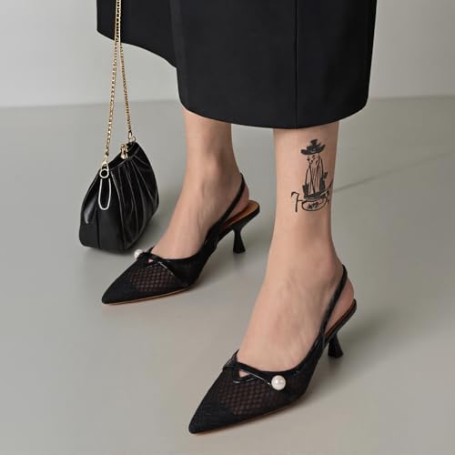 Kalstage Women’s Mesh Slingback Kitten Heels Pointed Toe Pumps Low Heel Black Lace Pearl Shoes Ankle Elastic Band Stilettos for Wedding Office Party4