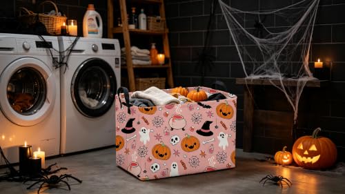 Image of Sanjiaofeng Rectangular Pink Halloween Horror Ghost Storage Basket,Scary Pumpkin Basket,Halloweens Party Baskets,Halloween Candy Storage Baskets with Handles(Smiley Pumpkin)