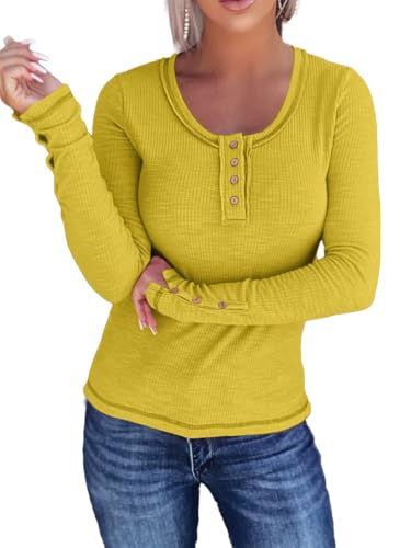 Image of KINLONSAIR Women Long Sleeve Henley Shirts Scoop Neck T-shirt Basic Tops | Lightweight Soft Ribbed Knit Tees, Casual Tunics,Slim Fit Button Up Top,Spring Outfits, Fall Winter Layering,Daily Wear