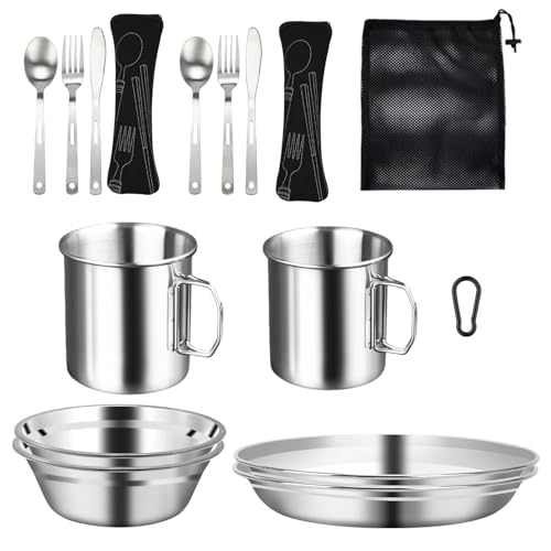 16-Piece Stainless Steel Camping Tableware Sets with Bowls, Plates, Cups, Forks, Spoons and Knives for 4 People, Travel Cutlery Set for Backpacking, Outdoor, Camping, Hiking and Picnics (Upgrade