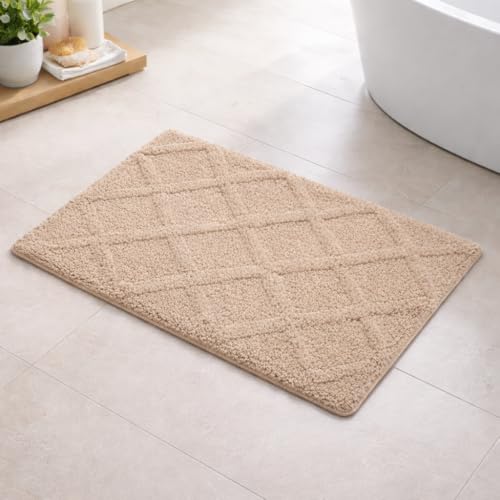 Image of Premium Combed Cotton Tufted Bathmat 45 x 65 cm, 1800 GSM Soft Absorbent Anti Skid Bathroom Floor Mat with Latex Backing, Quick Dry Non Slip Bath Rug for Shower & Daily Use, Diamond Beige