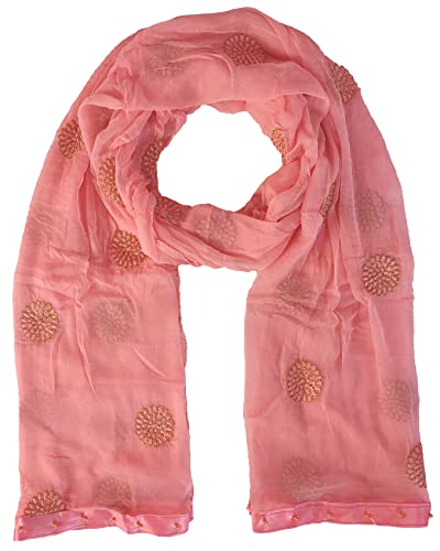 Image of YOUTHQUAKE Golden Floral Embroidery Work Chiffon Dupatta for Womens & Girls with Fancy Moti Lace