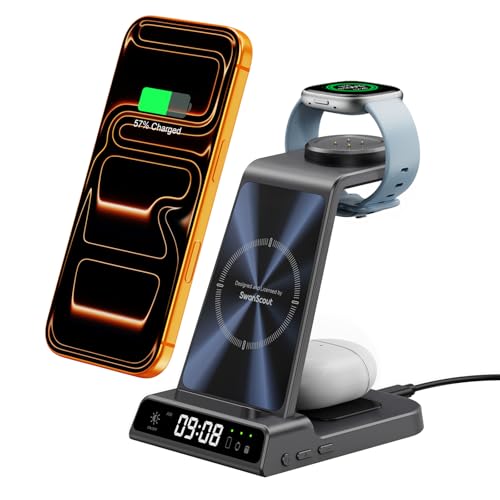 Fitbit Charger Stand for Fitbit Versa 4/3/Sense 2/1/Ace LTE, 3 in 1 Wireless Charging Station for iPhone Air/17/16/15/14, for Samsung S25/S24/S23, Wireless Charger for Earbuds, SwanScout C01FB