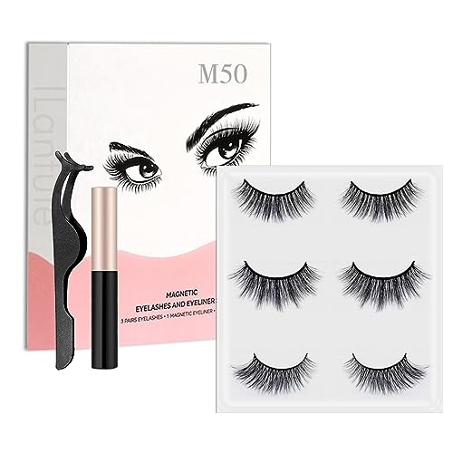 ILantule Kit Pestañas Magnéticas Delineador de Ojos,3 pares 3D Pestañas Postizas Magneticas Reutilizables,con Delineador de Ojos y Pinzas Magnéticas Impermeables-M50