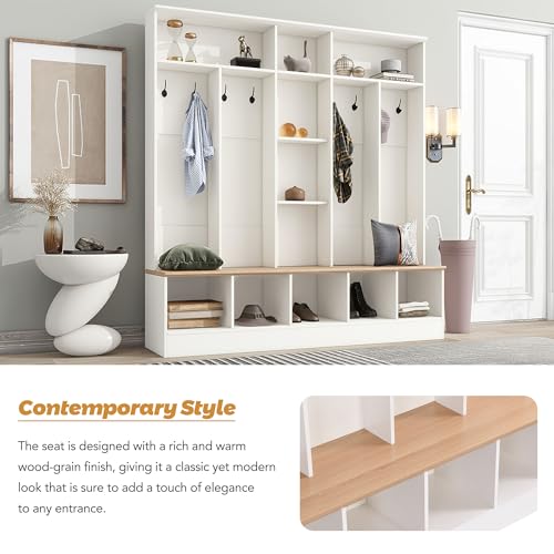 Image of Merax 66.9 inch Wide Hall Tree with Storage Bench, Shoe Cabinet with Cube, & Shelves, Coat Rack with 8 Hooks for Entryways