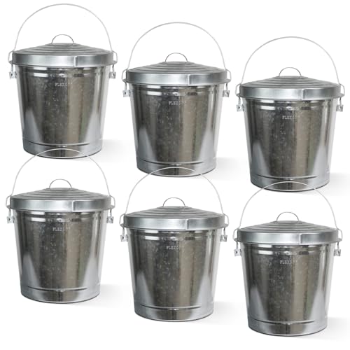 Image of Plexon 10 Gallon Trash Can with Lid Galvanized Metal Bucket with Locking Lid for Poultry Feed Bird Seed Storage Ash Small Garbage Can, 6 Pack