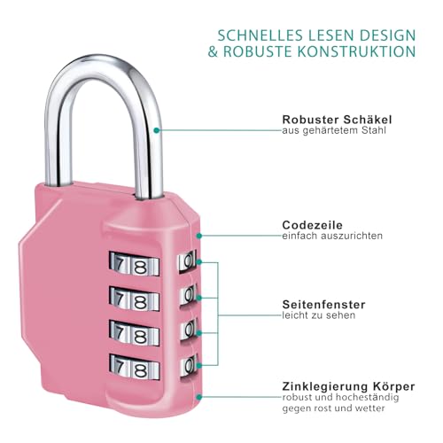 ZHEGE Vorhängeschloss 6mm, Vorhänge Zahlenschloss Spind 4 Stellig (2, Rosa) – Ansicht 3