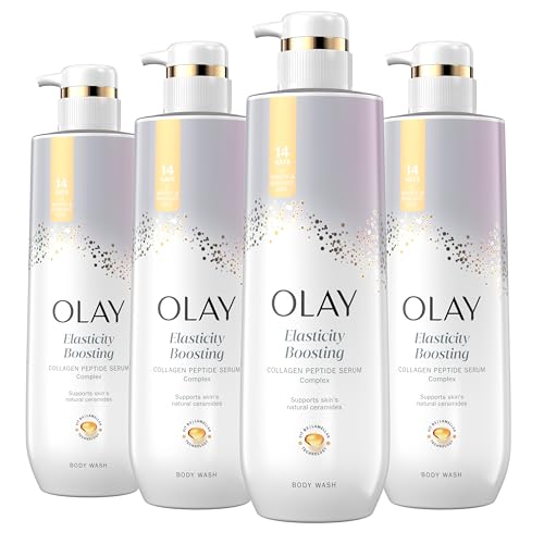 Olay Body Wash for Women, Elasticity Boosting, Collagen Peptide Serum Complex, Renews Moisture, Free of Parabens & Phthalates, Vitamin B3 Lameller Technology, For All Skin Types, 20 fl oz (Pack of 4)