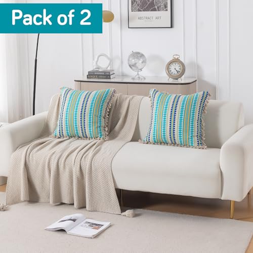 Image of HOKIPO 'Artisan Boho Series' Sofa Cushion Covers | 450 GSM Cotton Acrylic Jacquard | Tassel Design | 22x22 Inch (55x55 cm) | Pack of 2, Aqua Blue (IN-906-A4*2)