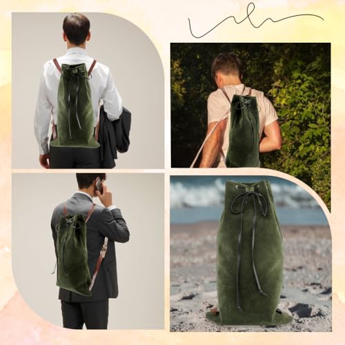 Image of GORGECRAFT Medieval Drawstring Backpack Vintage Fibre Bag with PU Leather Straps Alloy Clasps Portable Pouch for SCA LARP Reenactment Ren Fair Cosplay Outdoor Gym Swim Beach Dark Olive Green 18x10.8in