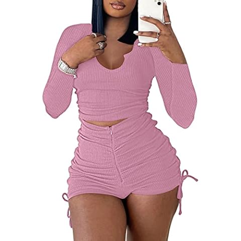 Two Piece Outfits for Women Long Sleeve Ribbed Crop Top Workout Tracksuits Drawstring Ruched Running Shorts Set, Pink, Medium Cover