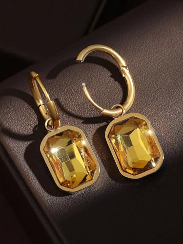 Image of El Regalo Stainless Steel Rectangular Cut Rhinestone Hoop Earrings - Elegant 18K Gold Plated Waterproof Vintage-Inspired Cubic Zirconia Huggie Hoops for Women