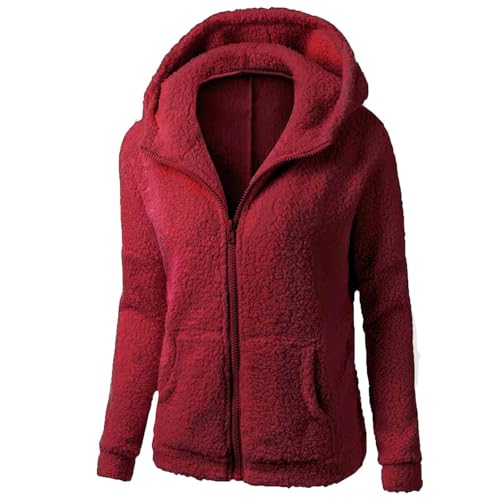 Sudadera con Capucha y Cremallera Para Mujer, Jersey Forro Polar Invierno Termica Chaqueta de Manga Larga con Bolsillos Tallas Grande Hoodie Trekking de Borrego Cazadora Deportiva Vino Tinto XXL