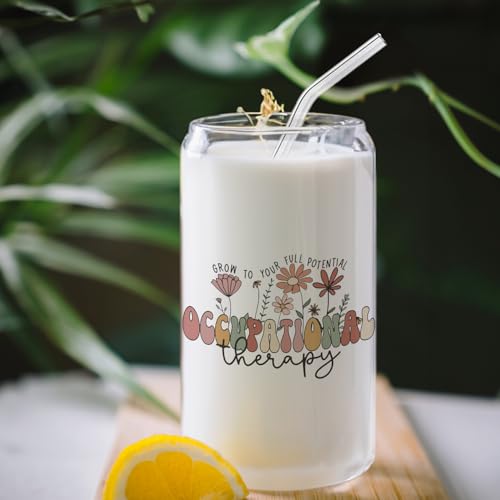 BEHIFL Occupational Therapist Gifts Glass Cup with Lids and Straws 14oz, OT Occupational Therapy Gifts Glass Coffee Tumbler Drinking Jars with Cleaning Brush - Image 3