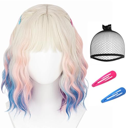 Topcosplay Womens Short Curly Pink Blue Gradient Bobble Wig Halloween Party Role Playing Synthetic Fiber Wig 2583