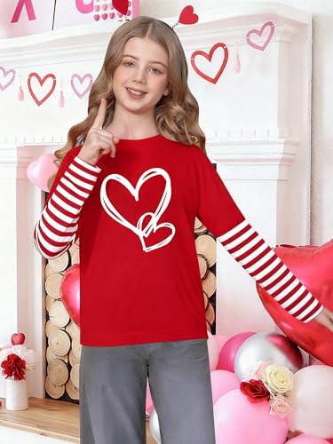 Image of LAZYCHILD Kids Valentine Shirt Girls Valentines Day Shirts Heart Graphic Long Sleeve Striped Tee Tops 5-14 Years