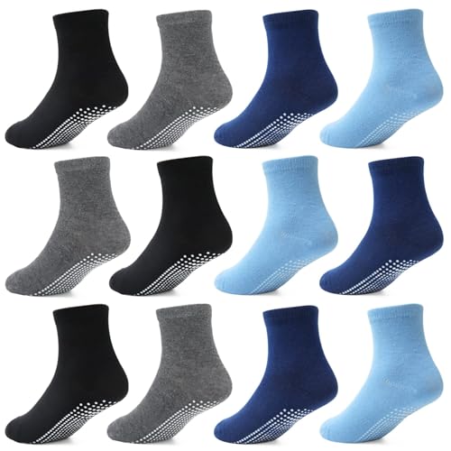 HYCLES Stoppersocken Kinder - 12 Paar ABS Socken Kinder Baby Jungen Kleinkind rutschfeste Socken für 0-10 Jahre Antirutsch Socken Mädchen, 05 negro*3 + gris*3 + azul marino*3 + azul*3, 7-10 Jahre