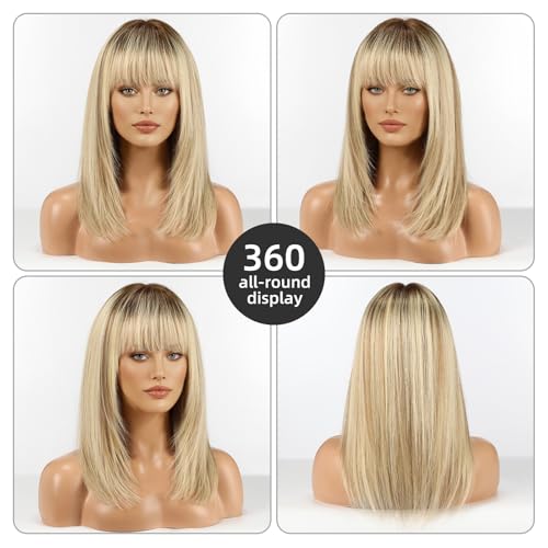 Image of 16 Inch Ombre Golden Brown Human Hair Wig, Human Hair Wig With Bangs, Real Hair Wigs For Women, real human hair wigs
