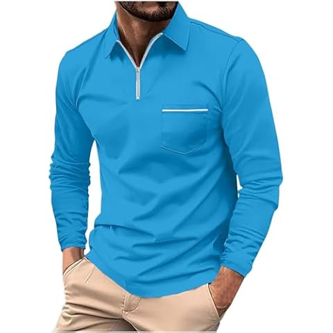 Muscularfit Men's Polo Shirts Long Sleeve Zipper Golf Shirt Lightweight Solid Collared Tshirt Causal Pullover Tops Henley Tee Mens t Shirts Casual Stylish Graphic Tees Men 2024 Blue S Cover