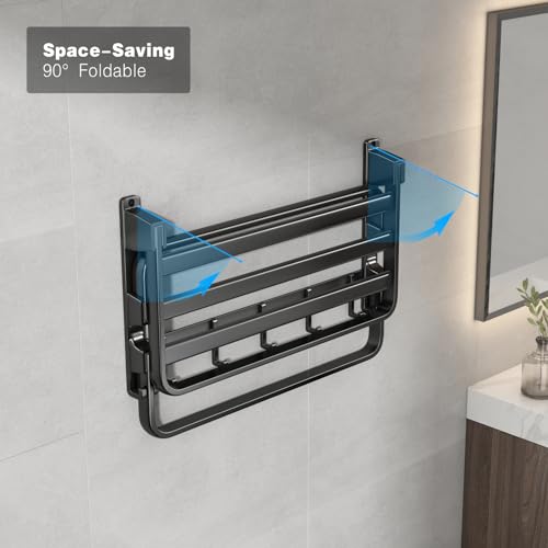 VOLDRA-24-Inch-Towel-RackBathroom-Towel-Shelf-with-2-Towel-Bar-Foldable-Towel-Holder-with-7-Hooks-Towel-Storage-Organizer-for-Bathroom-Lavatory-Wall-Mounted-Matte-Black