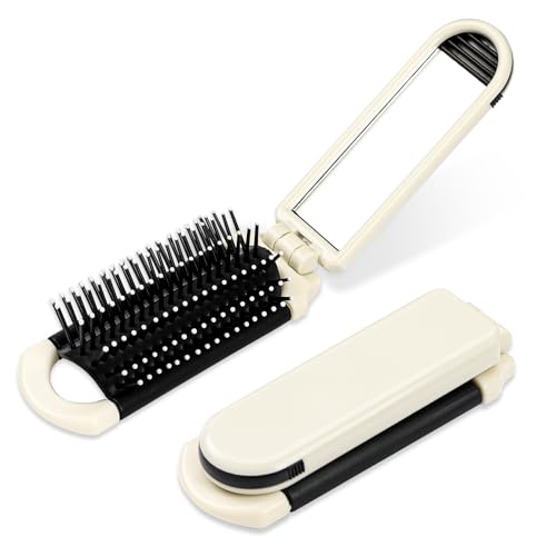 Foldable Hair Brush with Mirror, Compact Travel Hair Brushes Folding Hairs Brush for Women and Men, Portable Mini Pocket-Size Massage Comb for Gym, Trips, Purse and Styling (Retractable Mirror)